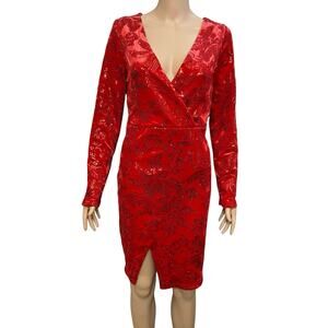 Venus Velvet Sequin Mini Dress Size 10 Red Holiday Faux Wrap Front Slit Party